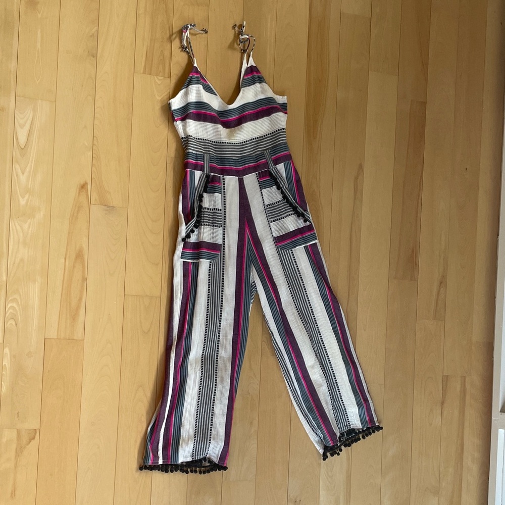 Saylor, Striped V-Neck Wide-Leg Jumpsuit in White and Magenta